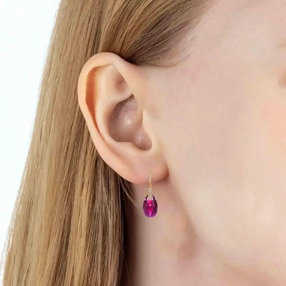 14K Yellow Gold with Fuchsia Pink Austrian Crystal Teardrop Drop Hook Earrings